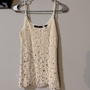 BKE Boutique -Elegant rhinestone studded, lace overlay, off-white tank top. XS
